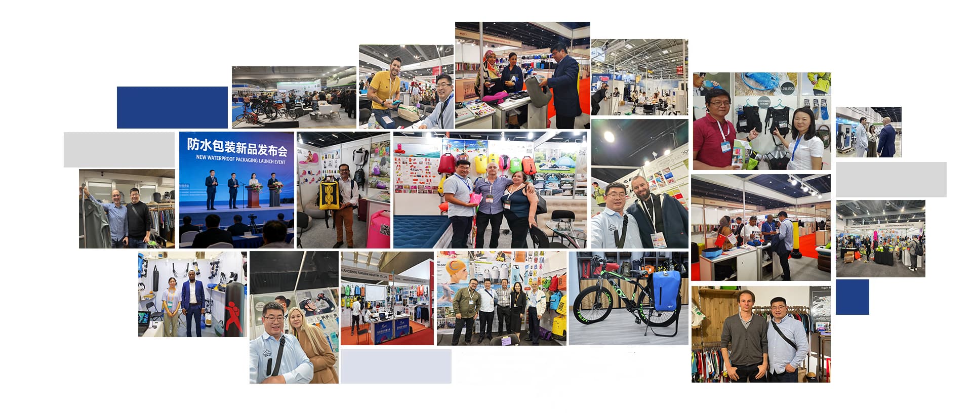 HoneyDryBag team at global trade shows, meeting international buyers, OEM triathlon gear and collapsible water tank manufacturer