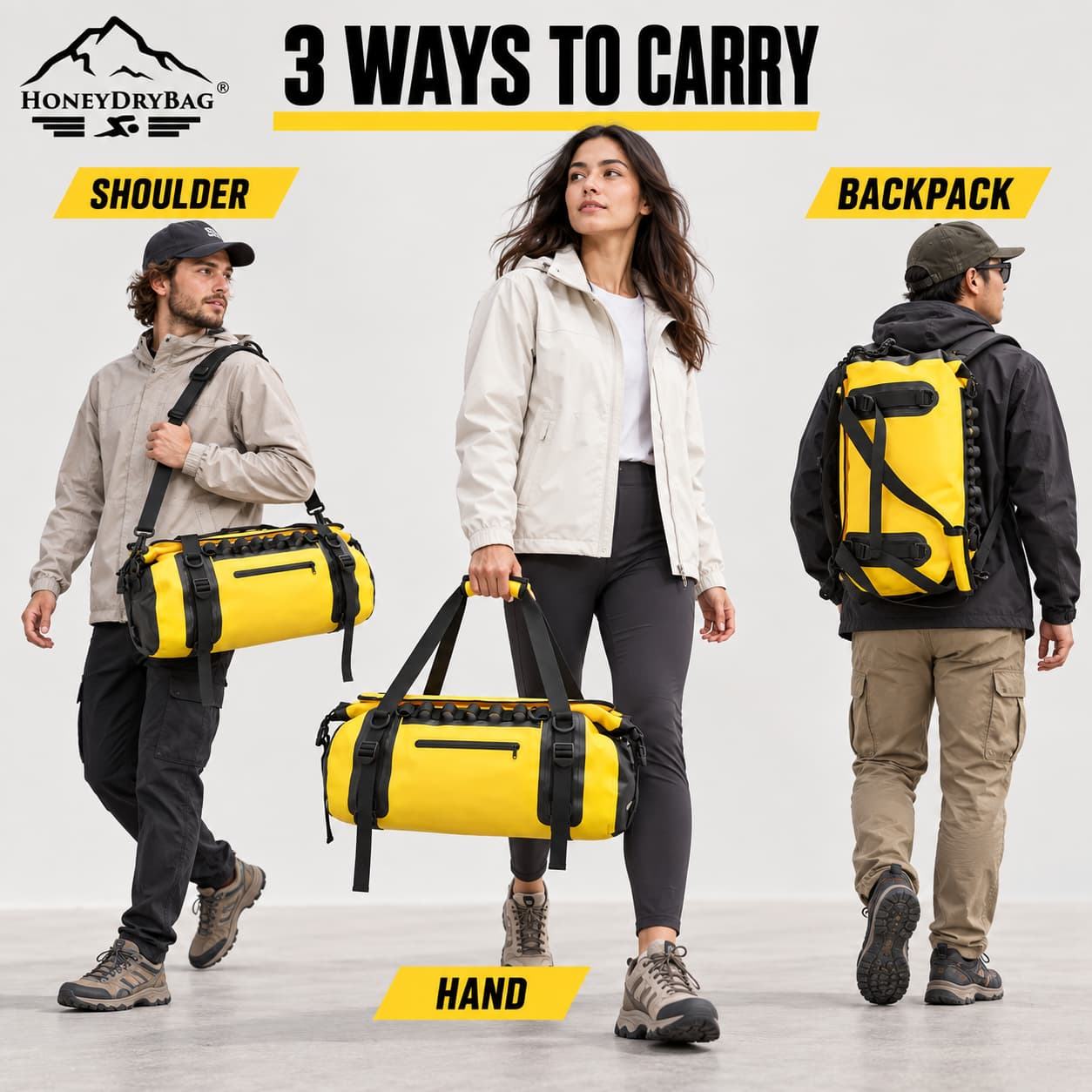 3 ways to carry yellow waterproof duffel bag, shoulder carry, hand carry and backpack wearing demo for outdoor dry bag