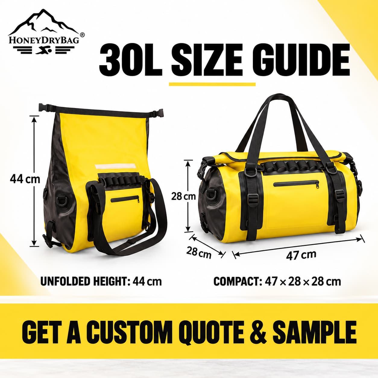 30L size guide for yellow waterproof roll top duffel bag, dimension chart, custom quote and sample available