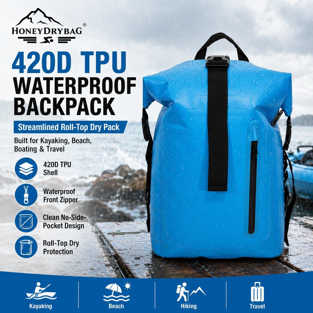 HoneyDryBag 30L Waterproof Dry Backpack | IPX6 Roll Top Bag for Rafting Kayaking Cycling Hiking