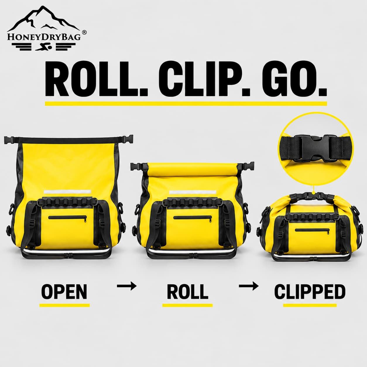 Roll clip go operation demo for yellow waterproof duffel bag, open roll clipped step display