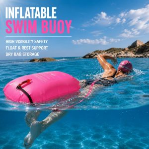 Pink inflatable swim buoy dry bag for open water swimming safety with high visibility