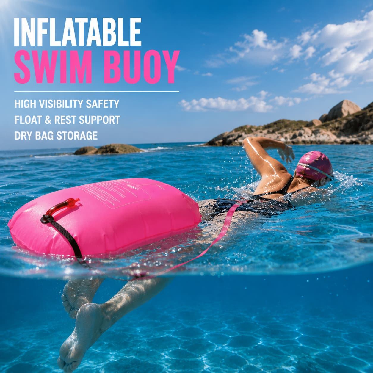 Pink inflatable swim buoy dry bag for open water swimming safety with high visibility