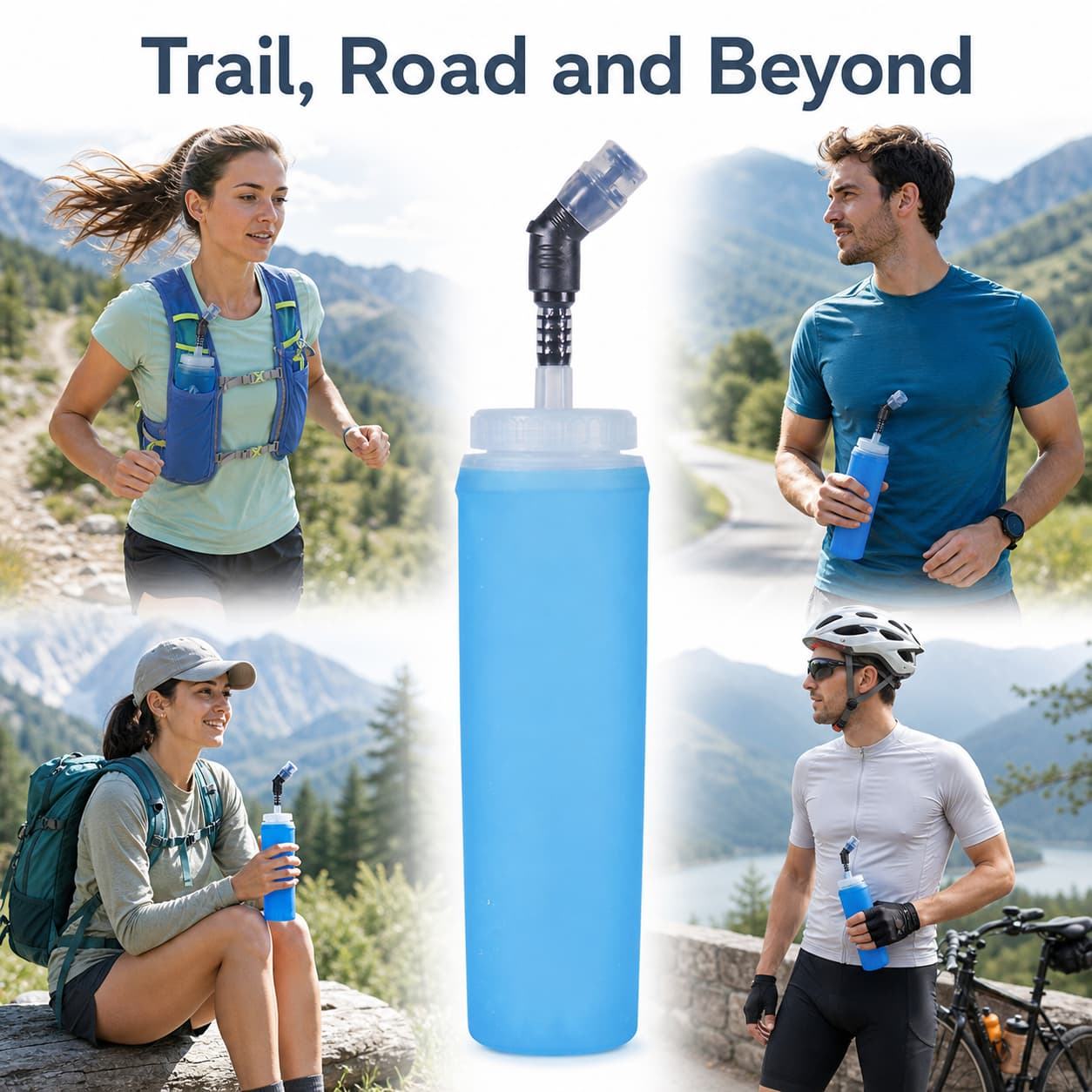 Collapsible TPU soft water bottle for trail running, cycling and hiking, portable foldable outdoor hydration soft flask