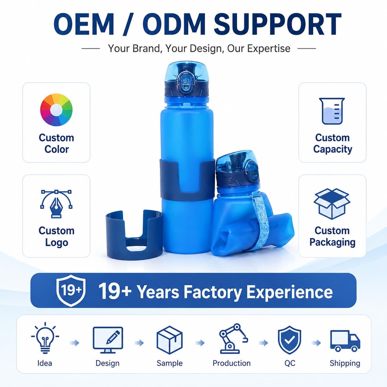 OEM ODM customizable collapsible silicone water bottle promotional banner, factory custom logo color capacity service