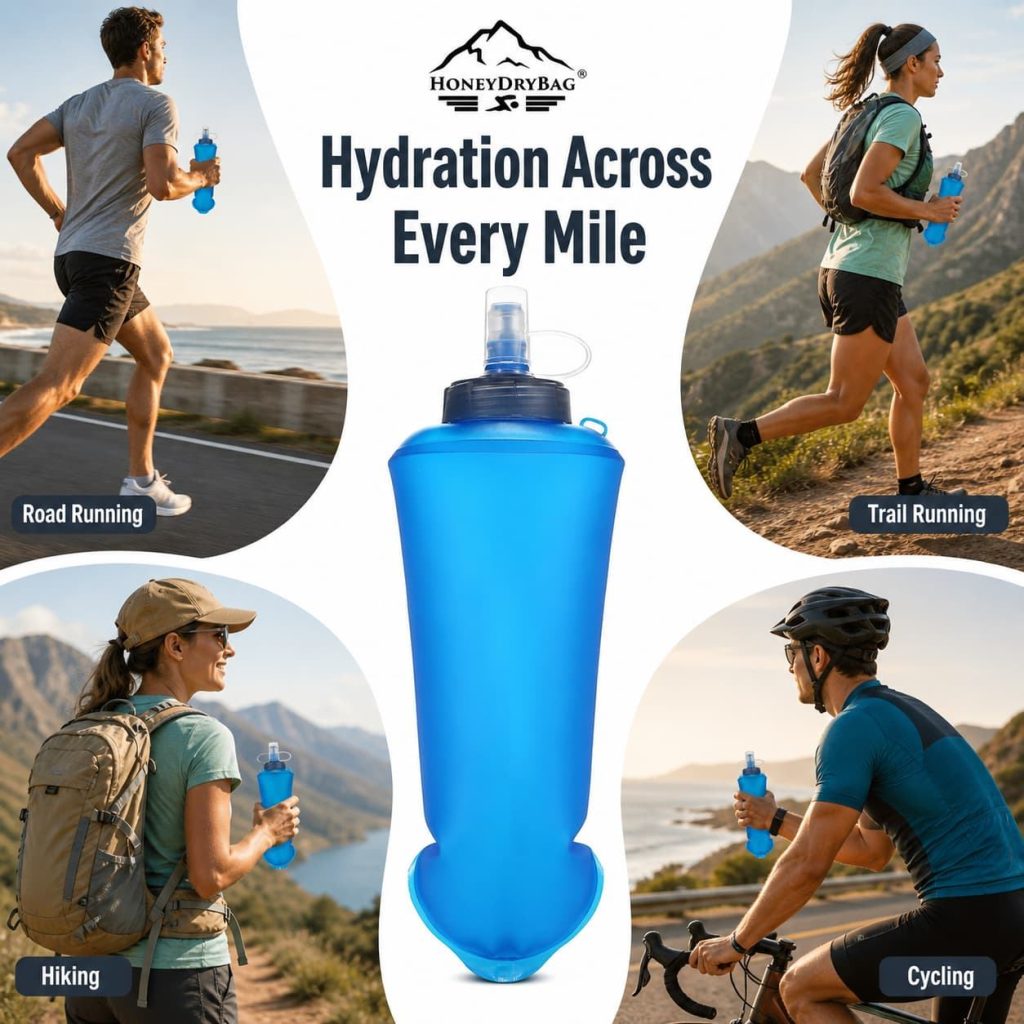 trail runner drinking with 500ml collapsible soft flask outdoor sports