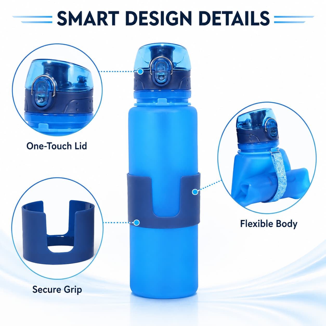 Collapsible silicone sports water bottle smart design detail diagram with structural close-up labels