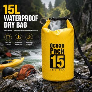 Yellow 15L waterproof dry bag, portable roll top water resistant storage sack for kayaking rafting camping