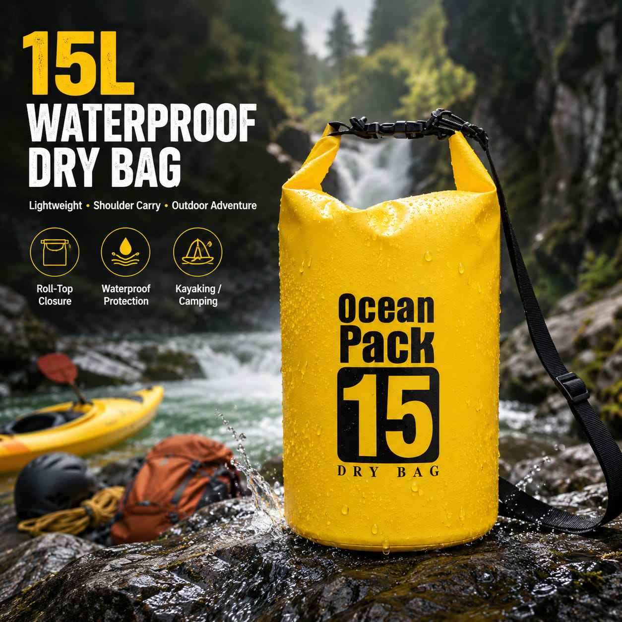 Yellow 15L waterproof dry bag, portable roll top water resistant storage sack for kayaking rafting camping