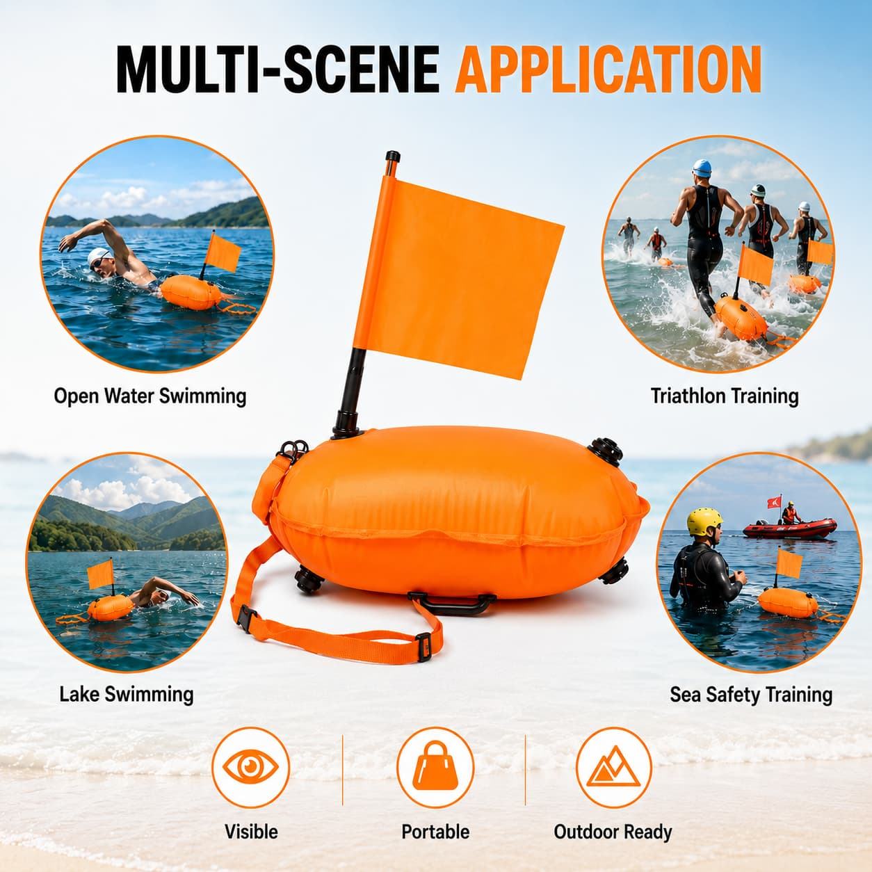 Orange open water swim buoy multi-scene application infographic for sea swimming triathlon snorkeling rescue