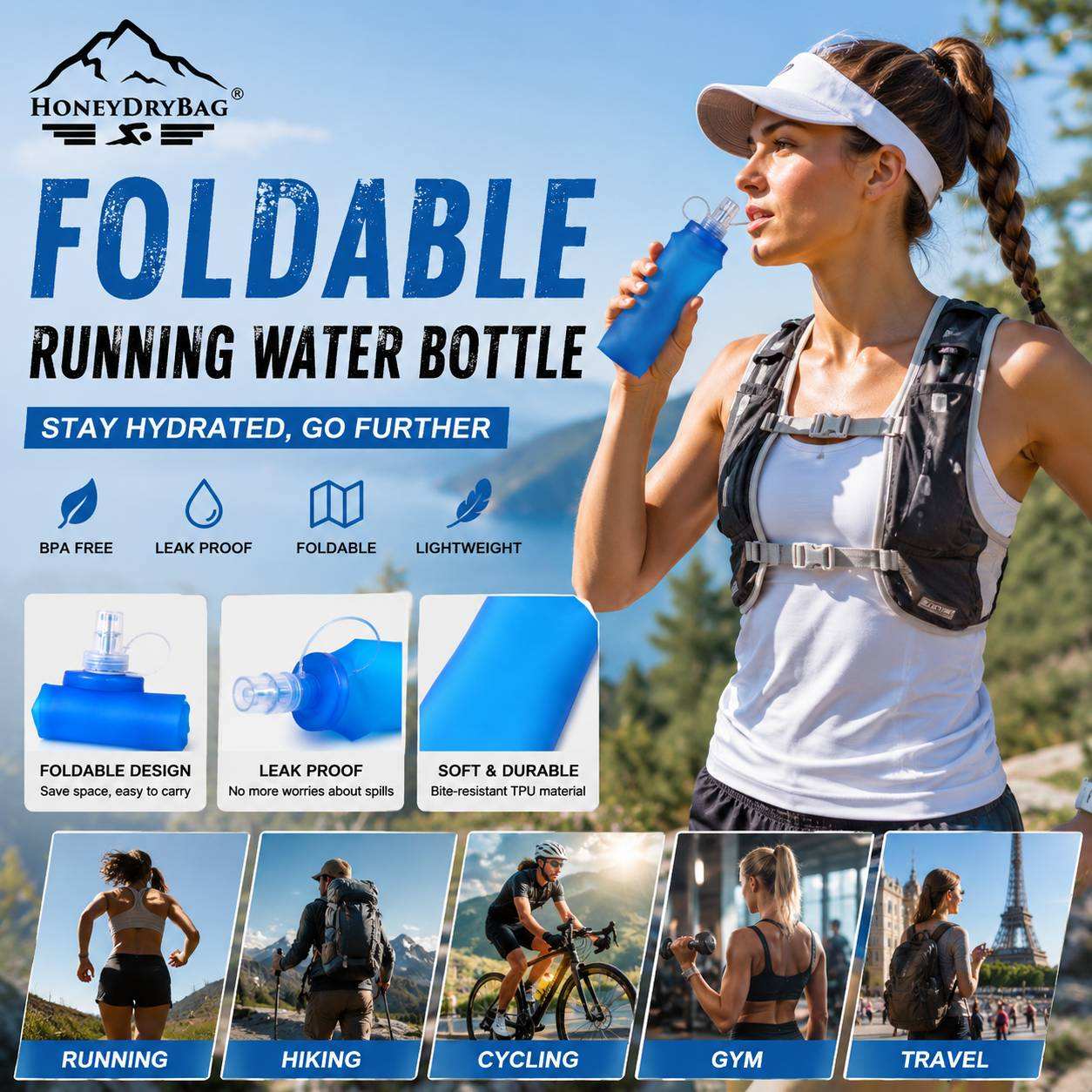 Foldable TPU soft running water bottle poster for trail running cycling hiking outdoor sports