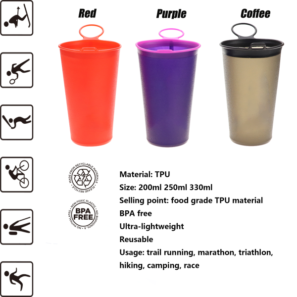 OEM/ODM TPU Soft Cup 200ml, 250ml, 330ml Collapsible Foldable Soft Water Cup BPA-Free Suitable for Events, Trail Running, etc.