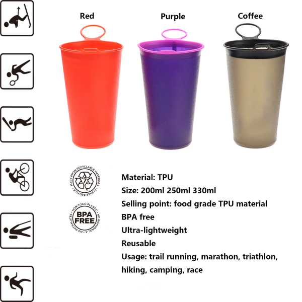 200ml,500ml, 750ml 1000ml BPA free customised collapsible sports soft TPU water bottles for trail running, hiking, marathon races - Image 5