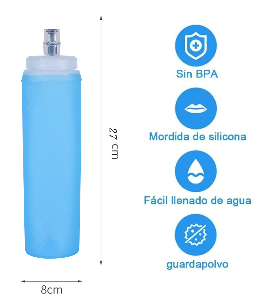 Blue collapsible TPU soft water flask with dimension size chart and product feature icons