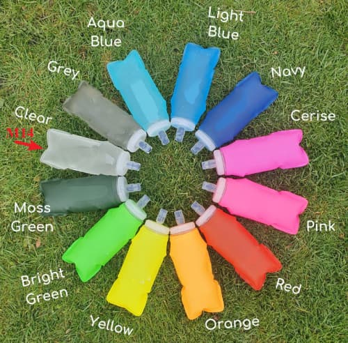 Full color palette of collapsible TPU soft water flasks, multi-color custom options for running bottles